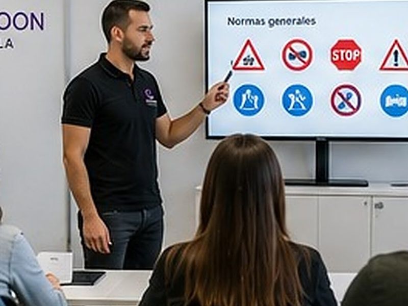 Clase teórica de autoescuela con señales de tráfico proyectadas en pantalla