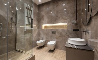Baño con ducha de mampara de cristal, sanitarios suspendidos y lavabo sobre encimera