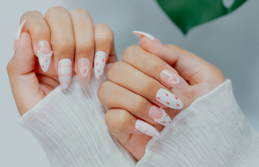 Manos con uñas largas en blanco decoradas con pequeños dibujos