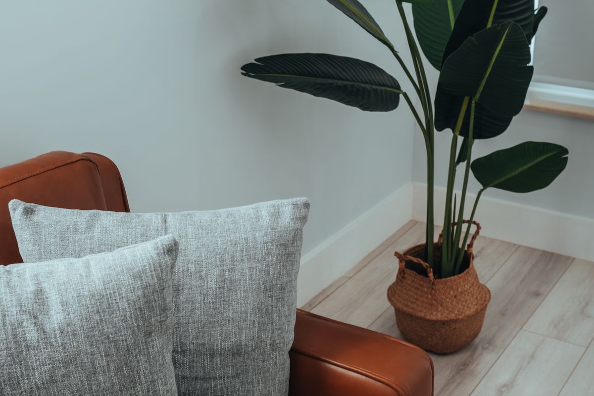 Sofá de cuero con cojines de lino y una planta en cesto de mimbre junto a la pared