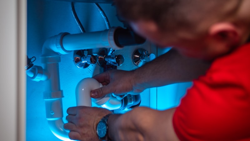 Fontanero reparando el sifón y las llaves de paso bajo el mueble de un lavabo